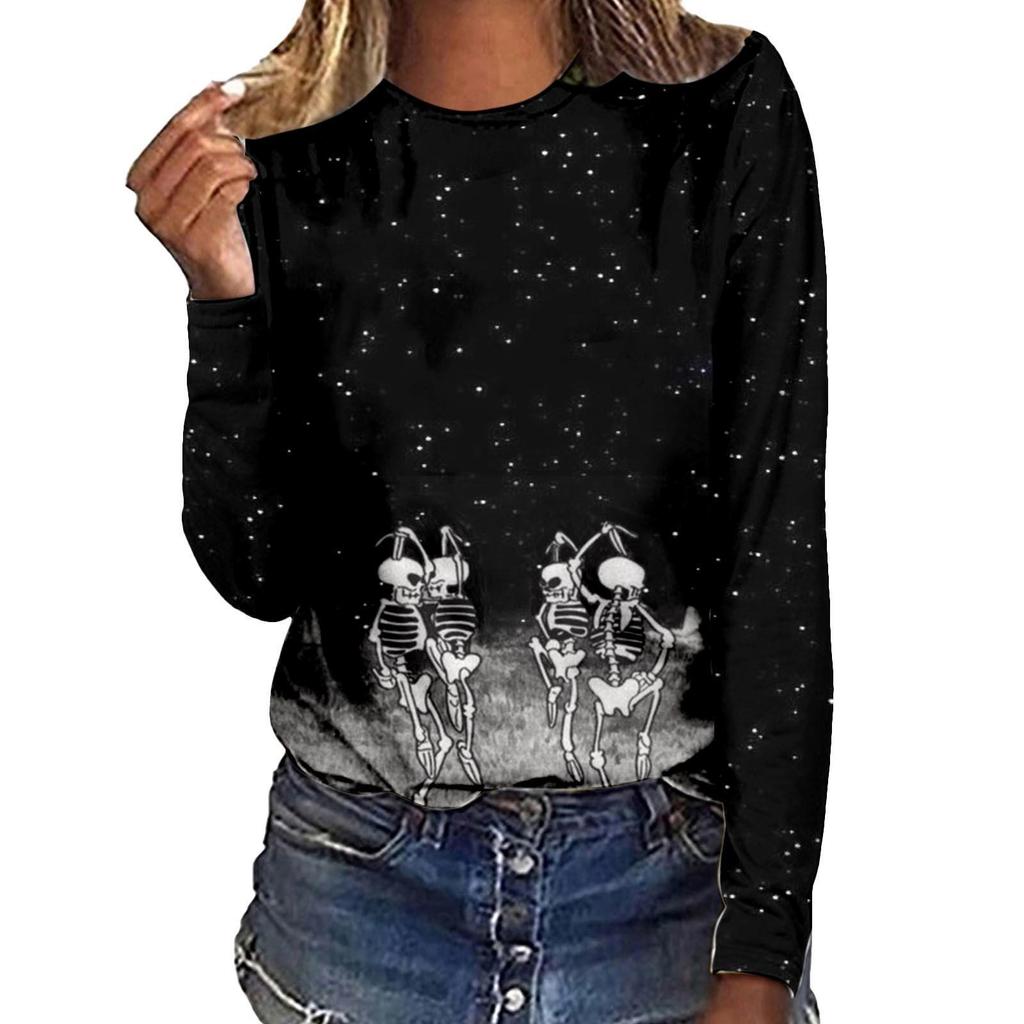 Cartoon Printed Women Street T-shirt Theme Sports Long Sleeve 3D Tees Halloween T-shirts Autumn Pullovers Top