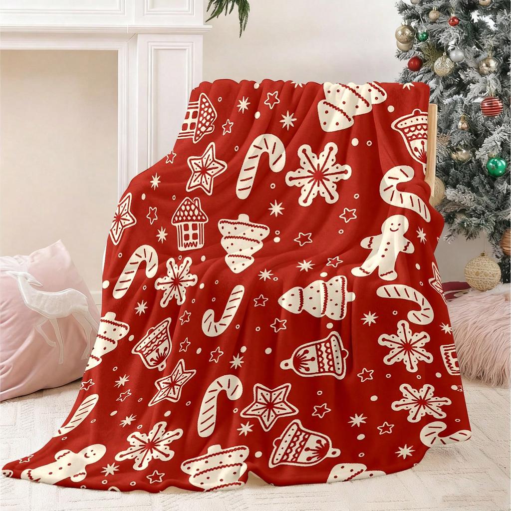 1 шт. Розовое одеяло из фланели с рождественским бантом и елкой, плоская 2D-печать, всесезонное для спальни, гостиной и кемпинга