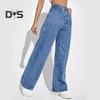 High Waist Denim Pants for Women Stretchy Wide-Leg Jeans with Pockets Casual Straight Leg Jean Trousers for Summer Autumn