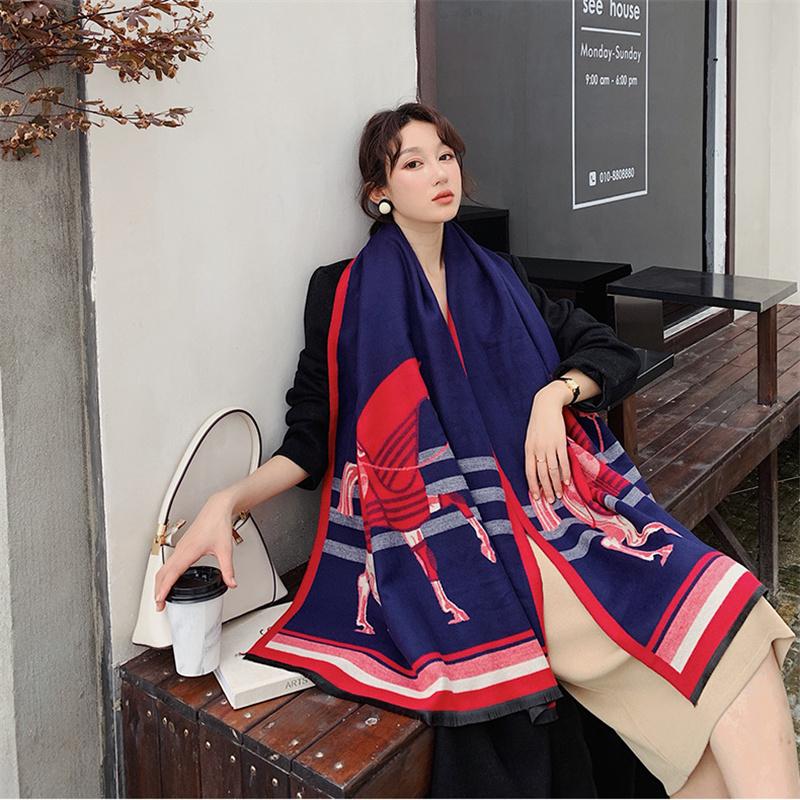 Толстый теплый зимний шарф, роскошный дизайн, принт лошади, женский кашемировый шаль из пашмины, женские шарфы с запахом, женский платок, одеяло, пончо