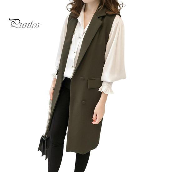 Осень-весна женский жилет с отложным воротником двубортный свободный без рукавов до колена карманы кардиган сплошной цвет повседневная одежда жилет пальто