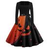 Women's Casual Fashion Halloween Print Square Neck Vintage Style Long Sleeve Dress with Waist Tie Belt Retro A-Line Midi Dress for Fall