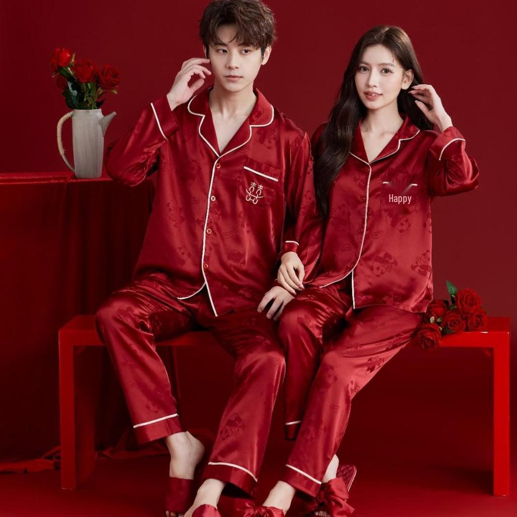 Bright Red Spring-Autumn Panda Jacquard Wedding Pajamas Set for Couples – Festive Plus Size Homewear for Men and Women