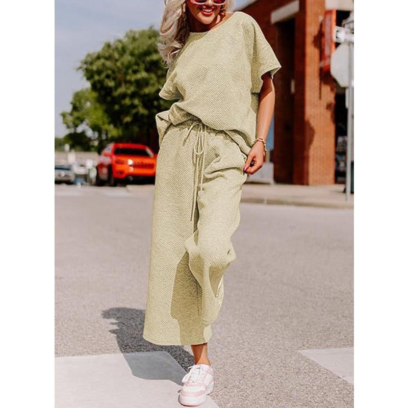 YYFS Женские модные повседневные летние весенние однотонные принты с коротким рукавом и круглым вырезом брюки костюмы