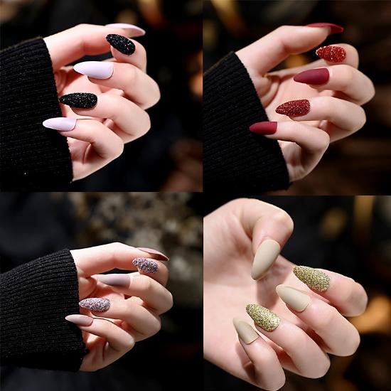 Fake Nails Matte Frosted Full Set Coffin Nails Girl Ballet False Nails Finished Nail Art Glitter Shiny Blingbling Press On Square Pointed Full Cover