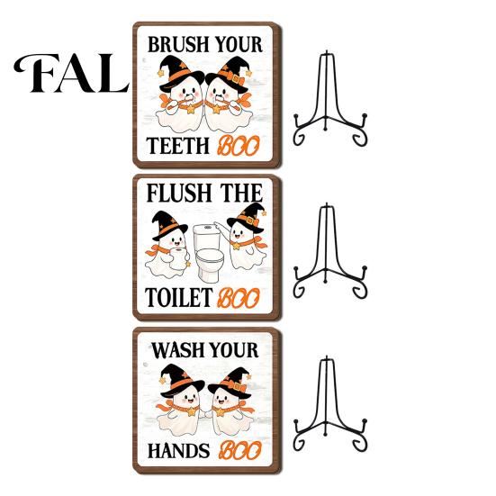 Niche Holiday Gifts Halloween Wooden Table Sign, Cute Spooky Ghost Plaque with Bathroom Countertop Ornament Metal Stand for Kitchen Shelf Home
