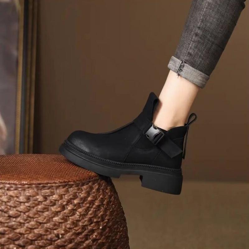 Мода 2024 Осень/Зима Новый Стиль Женские Короткие Сапоги Флисовая Подкладка Теплая Мягкая Кожа Универсальные Модные Женские Туфли Пряжка
