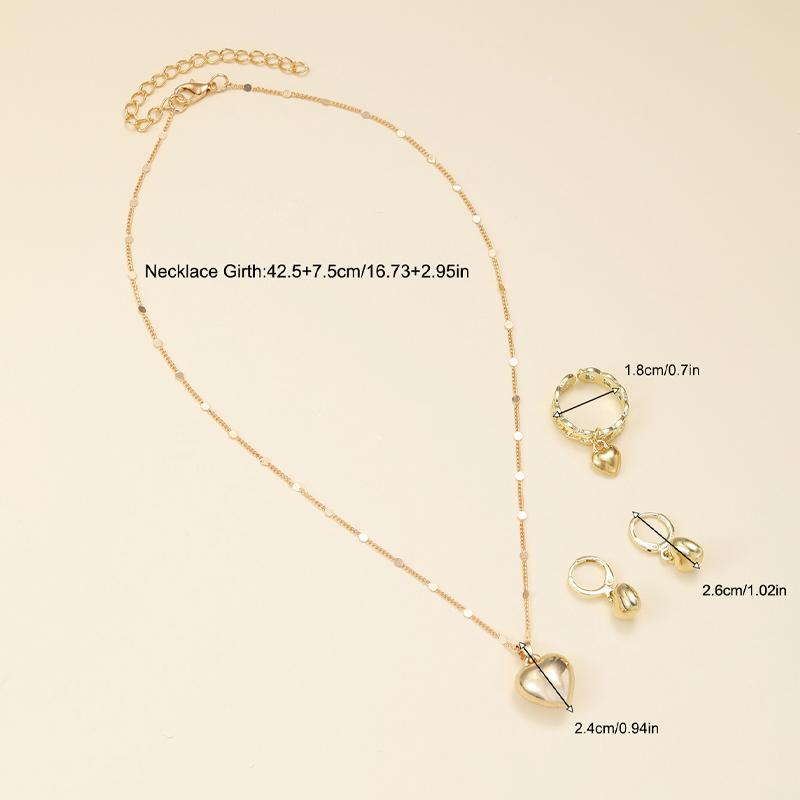4 шт. глянцевые позолоченные металлические серьги в форме сердца с подвесками, ожерелье, кольцо, комплект ювелирных изделий для женщин, простая изящная повседневная одежда, подарки