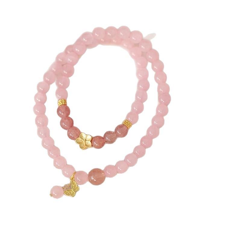 Taohuawu Natural Pink Crystal Double Circle Bracelet for Women, New Chinese Style Strawberry Crystal Peach Blossom Butterfly Traditional Chinese