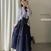 Douyin Purple Floral Elastic Waist Midi Skirt - Autumn Mori Style, High Waist, Slimming, Retro Elegance