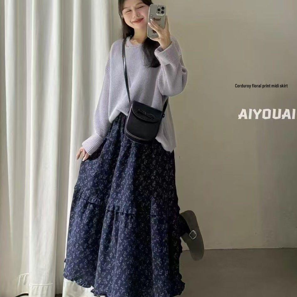 Douyin Purple Floral Elastic Waist Midi Skirt - Autumn Mori Style, High Waist, Slimming, Retro Elegance