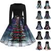 Christmas Print Flare Dress For Women Long Sleeve Dress Hollow Party Casual Dresses