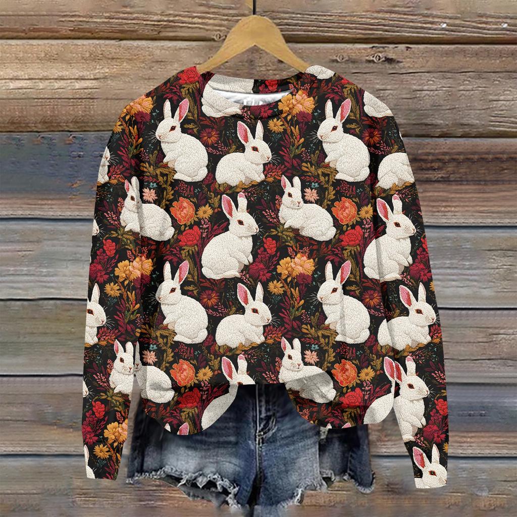 Женская мода Пасха Печатный Длинный рукав Свободный круглый вырез Толстовка Топ