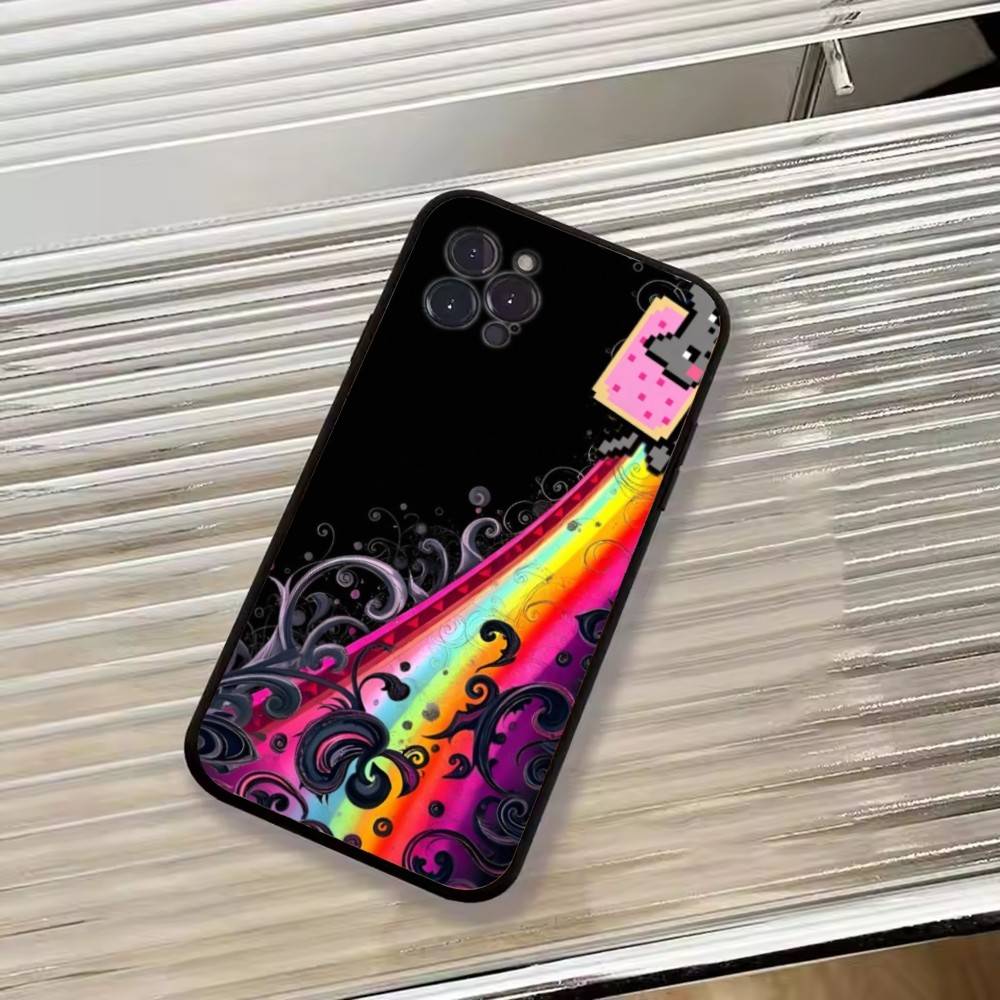 Милый Чехол для Телефона N-Nyan Cat Для iPhone 17,16,15,14,13,12,11 Plus,Pro Max,XS,Мягкий Силиконовый Черный Чехол