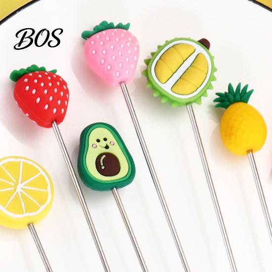Syrup Mixing Stick Cocktail Stir Stick, Stainless Steel with Durian Pineapple Strawberry Colorful Fruit Decoration Stirrer Watermelon Rubber