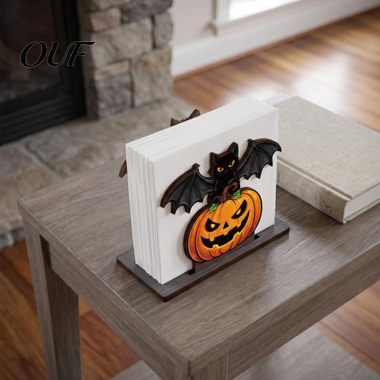 Pumpkin Napkin Holder Halloween Wooden for Table, Black Cat Bat Paper Stand Standing Dispenser, Towel Holiday Party Decor
