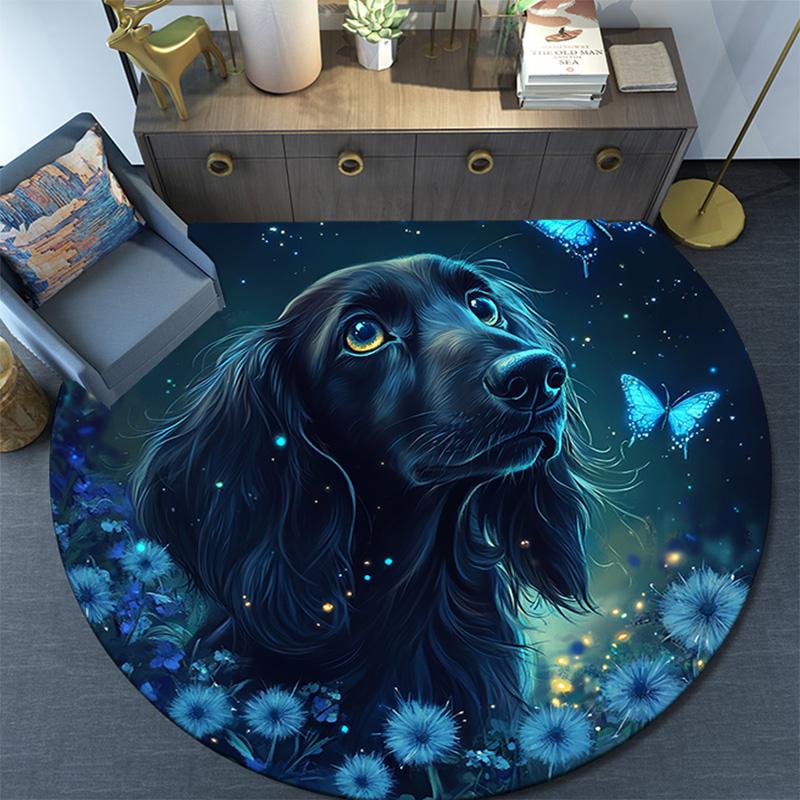 Magical Night Dog Round Area Rug,Carpet Rug for Living Room Bedroom Sofa Playroom Decor,Non-slip Floor Mat