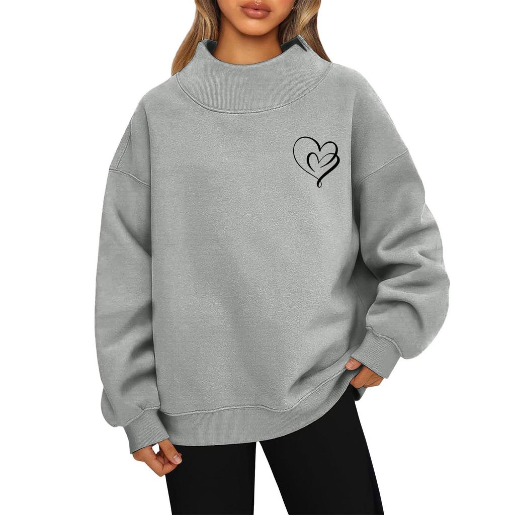 Women's Valentine's Day Print Fashion Loose High-Collar Long Sleeve Solid Color Sweatshirt Pullover