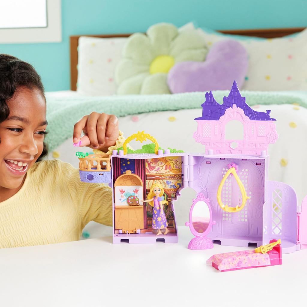 Mattel Disney Princess Rapunzel and the Tower (Stackable Castle Series! Mini Doll) Dress-up Dolls & House Playset with 1 Mini Doll, Ages 3+, Purple JD