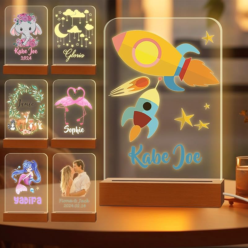 Персонализированный ночник для детей, выгравированное имя, акриловые светодиодные лампы с деревянной основой для детской спальни, декоративный ночник, индивидуальный день рождения