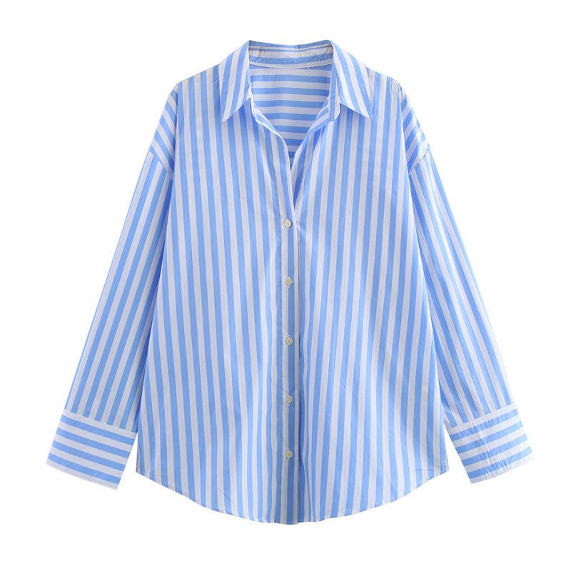 Women S Loose Fit Long Sleeve Collared Striped Casual Shirt