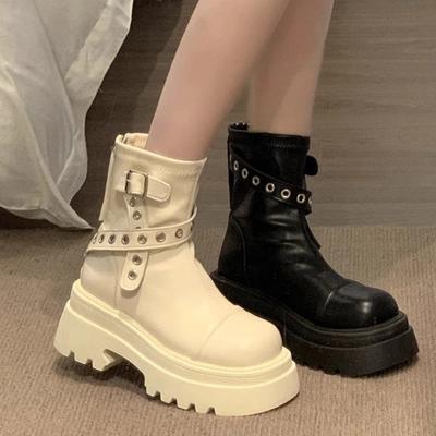 Обувь для женщин Высококачественные женские сапоги на молнии, осенние, с круглым носком, однотонные, короткие, на платформе, с толстым каблуком, модные сапоги