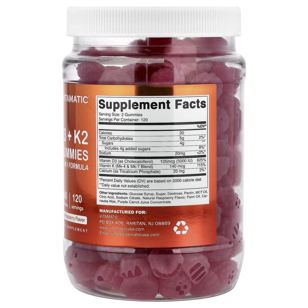 Vitamatic, D3 + K2 Gummies, Natural Raspberry, 240 Gummies