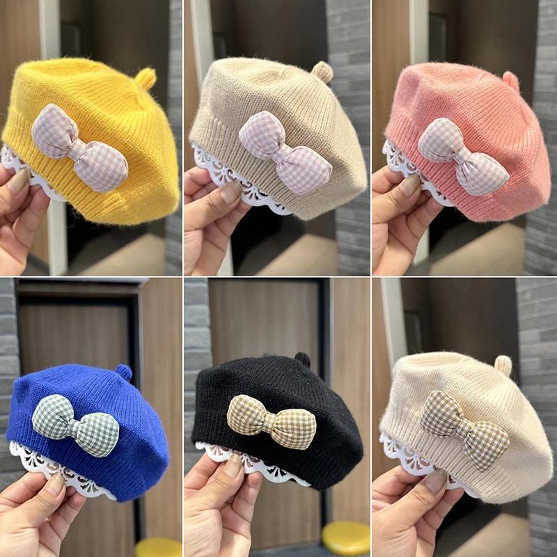 Fashion Cute Baby Hat Solid Color Bow Warm Beret Hat For Girls Vintage Princess Beret Hat Children Autumn Winter Cap Gifts