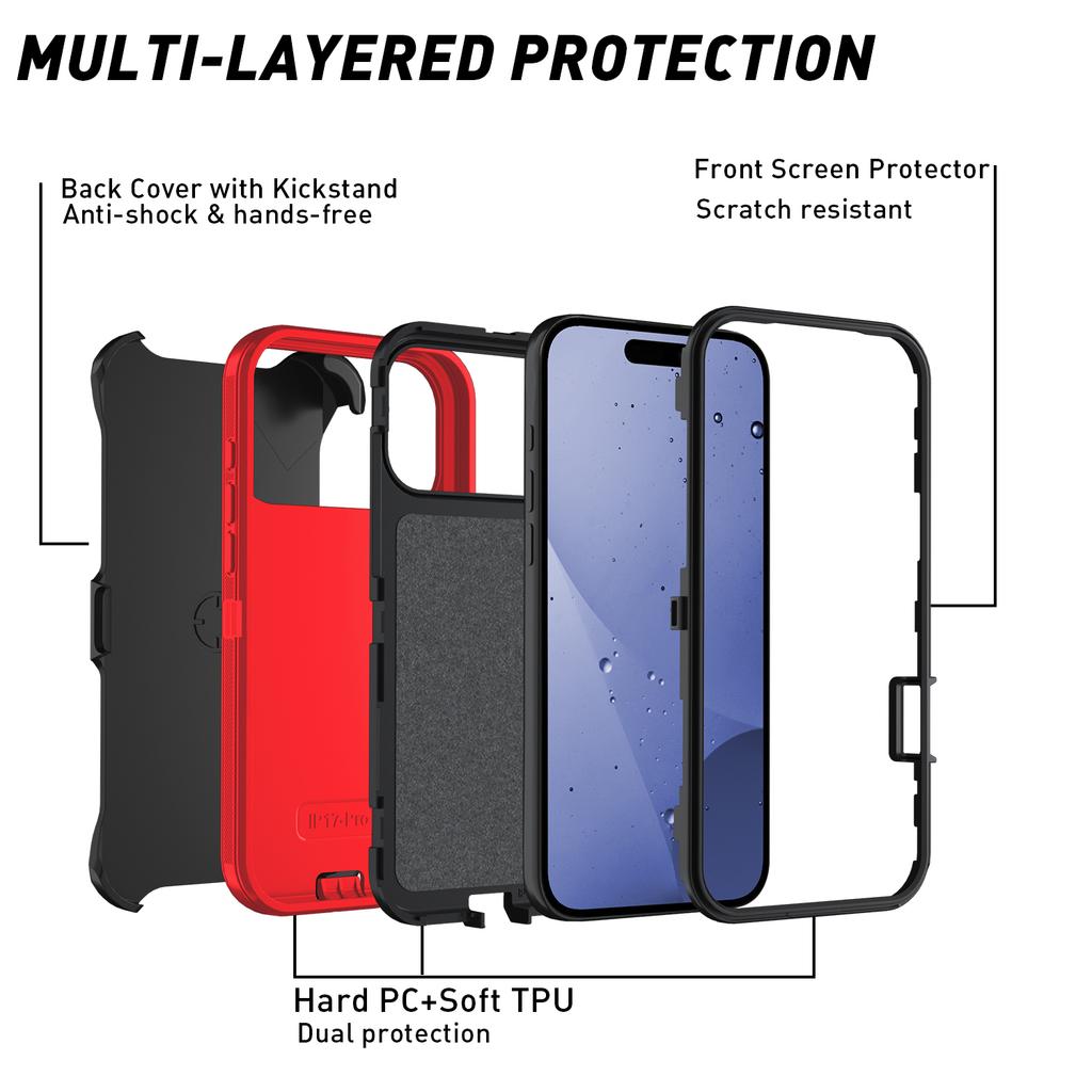 For iPhone 17 Pro Rugged Case PC + TPU Cell Phone Cover with Back Clip Kickstand