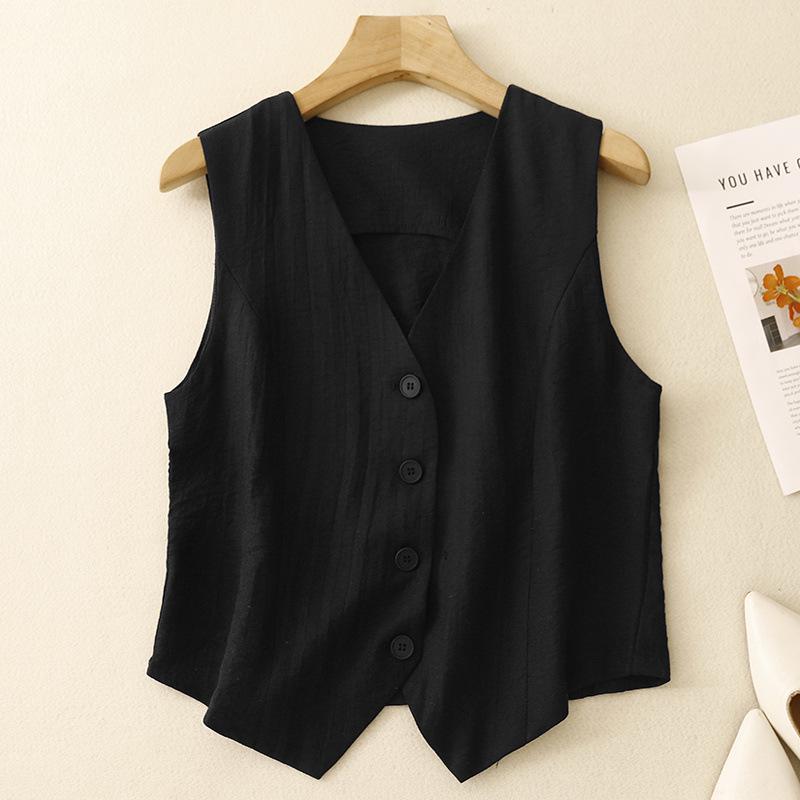 Женский летний льняной жилет с V-образным вырезом - Однотонный, без рукавов, облегающая майка