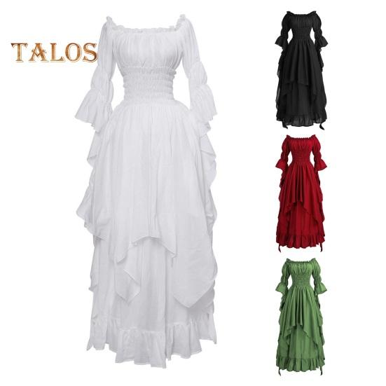 Women Ball Gown Off Shoulder Gothic Long Horn Sleeves Irregular Layered Pleated Elastic Tight Waist Solid Color Retro Renaissance Party Prom Maxi