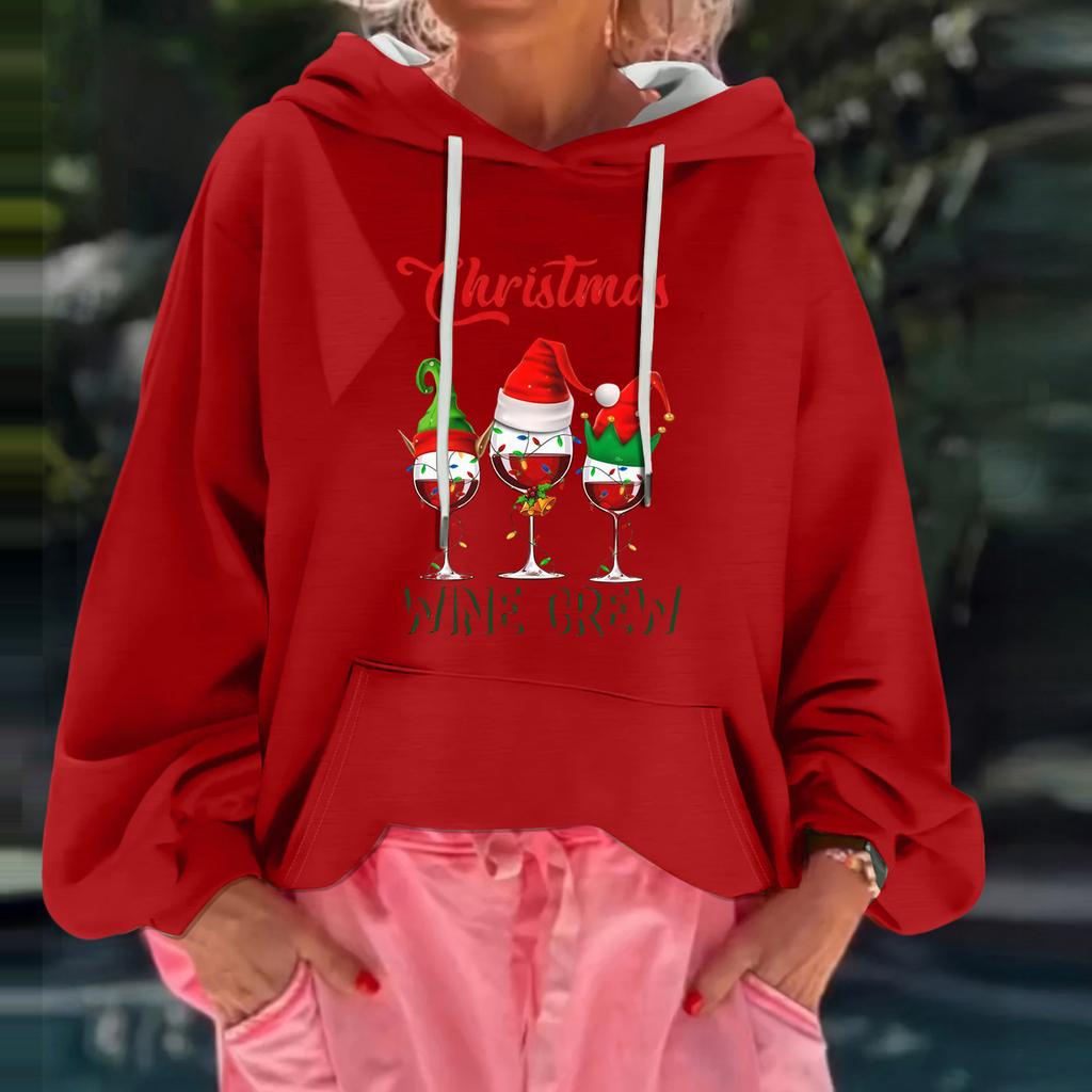 Women's Christmas Print Loose Casual Long Sleeve Hooded Sweatshirt