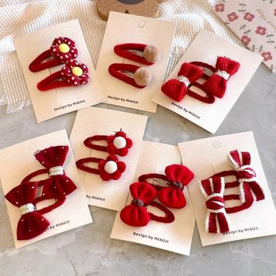 Корейские новогодние головные уборы для девочек Винно-красные цветы Детские заколки для волос Заколки для челки Милый детский бант Заколки-невидимки