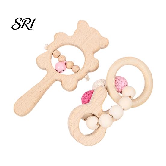Beech Wood Baby Toy 1 Pair Wooden Rattle with Bell Beads Hedgehog Rabbit Elephant Bird Bead Teething Grip Ring Newborn Boys Girls Early Education