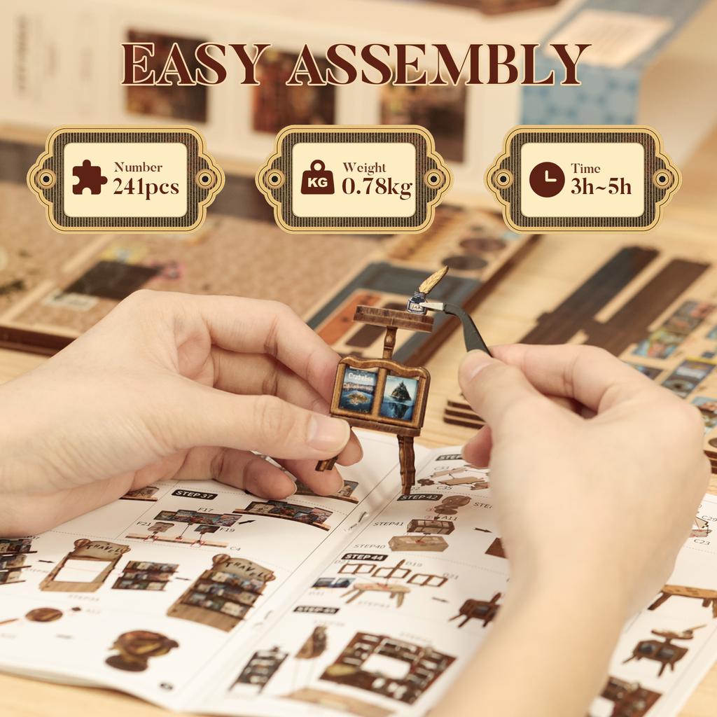 CUTEBEE Miniature House Model to Build Wooden Dollhouse Book Nook Kit with Dust Cover & LED Lights Unique 3D Puzzle Bookshelf