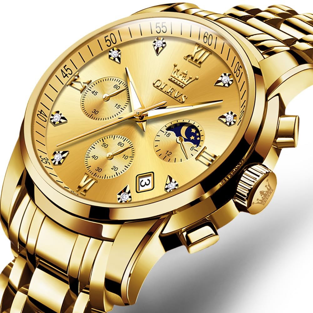 OLEVS Таймер фазы Луны Водонепроницаемые Светящиеся кварцевые часы с браслетом из нержавеющей стали Простые модные часы для мужчин золотые мужские