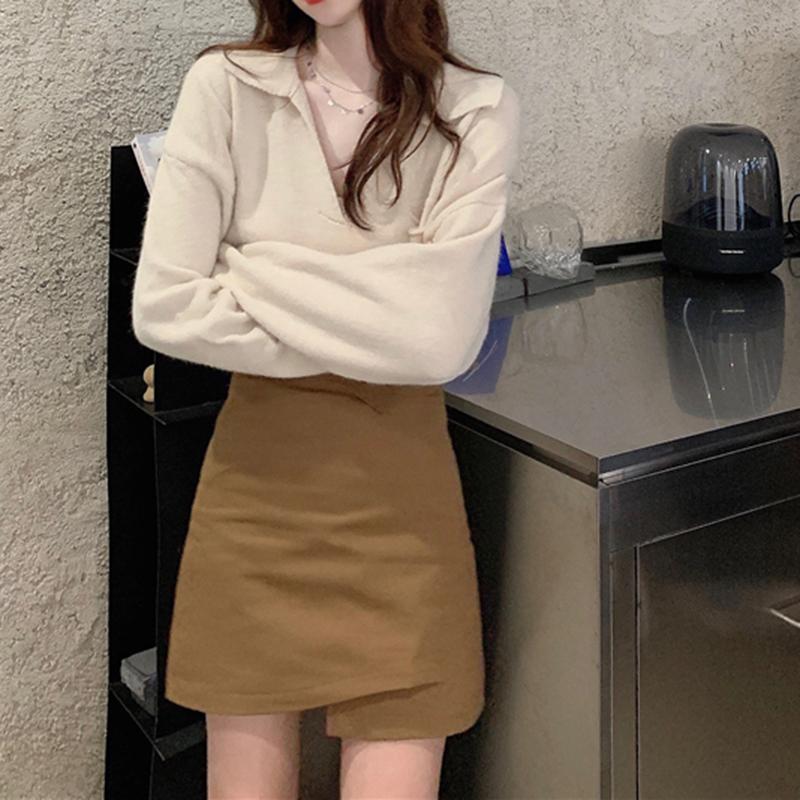 Hirsionsan Cropped Loose Solid V-neck Knitted Pullover Sweaters Women New Korean Causal Retro Sweaters Minimalist Long Sleeve Jumpers