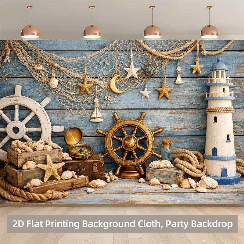 2D Nautical Beach Tapestry, Ocean Theme Party Background Cloth