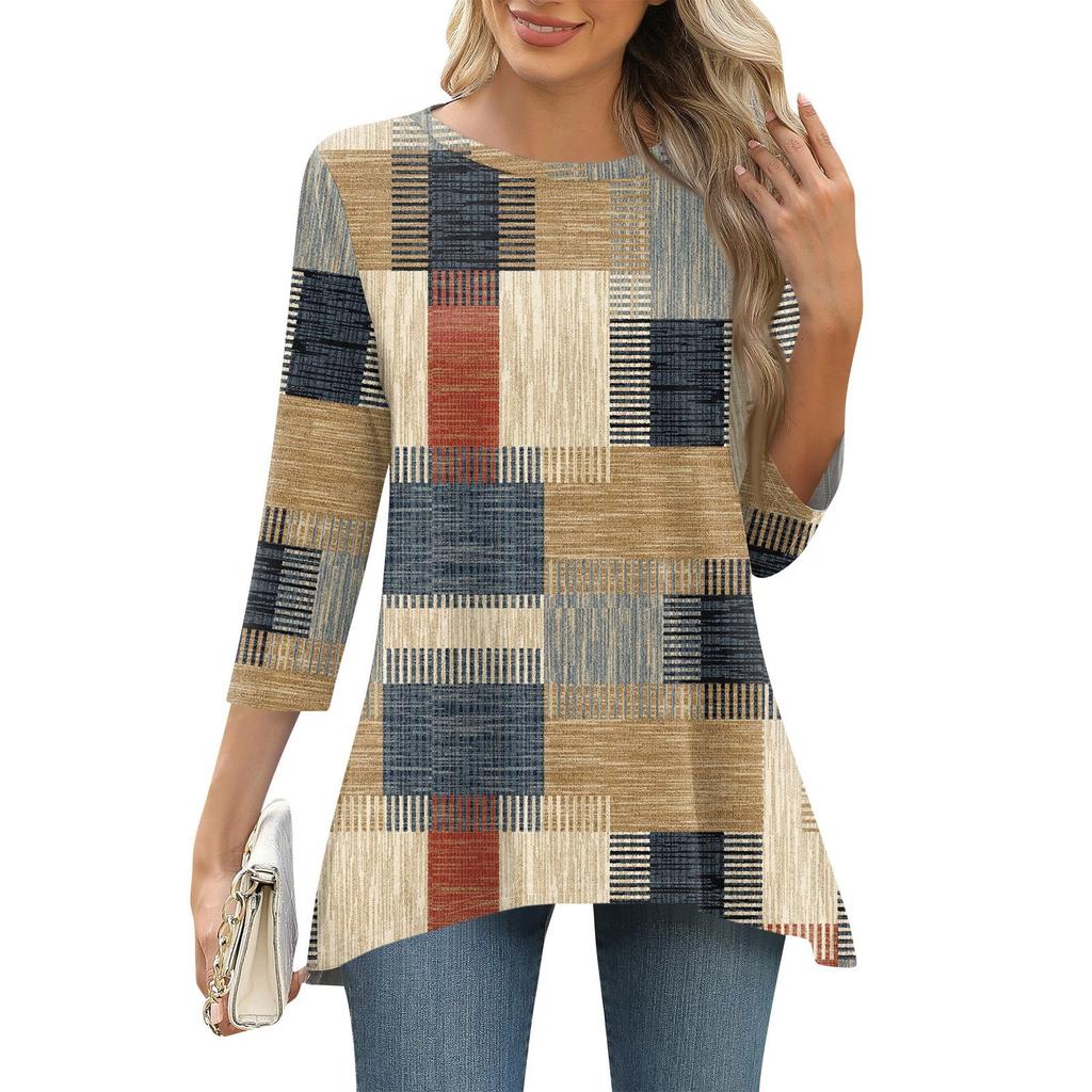 3/4 рукав туника топы для женщин принтованный повседневный выходной свободный крой модная базовая футболка с круглым вырезом