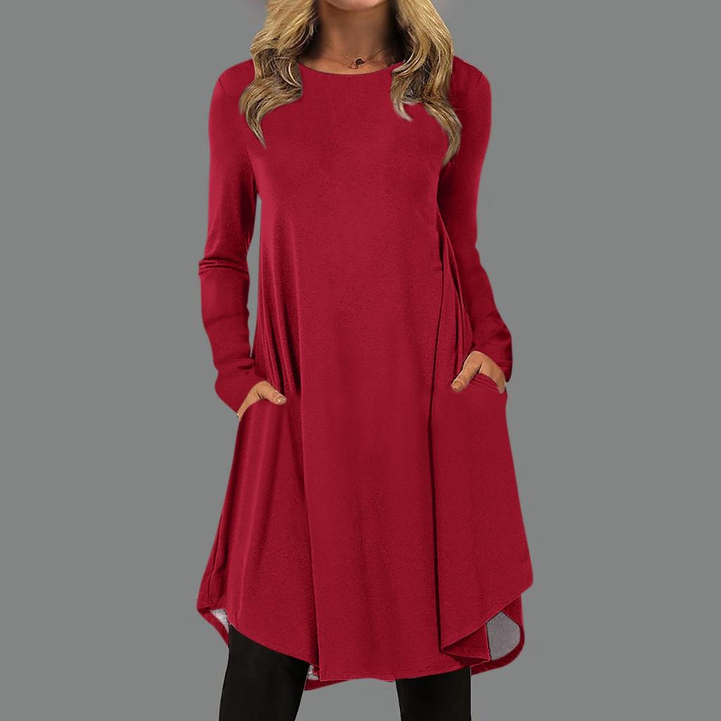 Женская мода повседневное сплошной цвет пуловер с круглым вырезом свободное платье с длинным рукавом