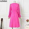 VONDA Women Plus Size V-Neck Bubble Long Sleeve Lace Dresses