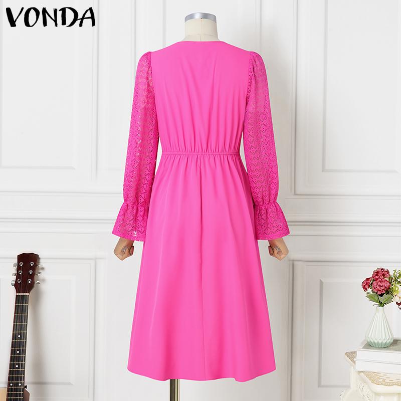 VONDA Women Plus Size V-Neck Bubble Long Sleeve Lace Dresses
