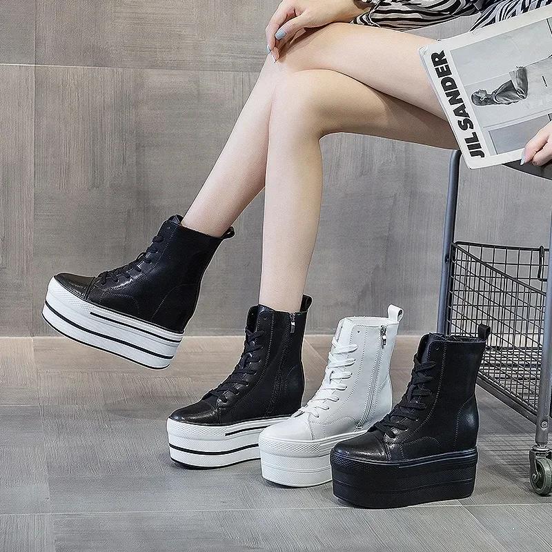 Модные осенние ботинки из натуральной кожи на платформе и танкетке с супер толстой подошвой 10 см и скрытым каблуком, на молнии, зимние ботильоны до щиколотки, теплые