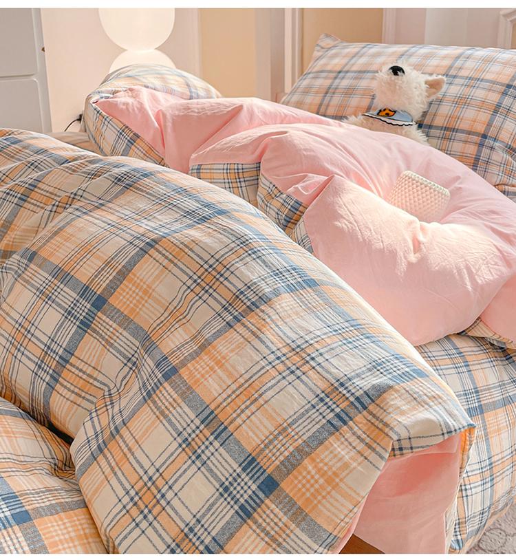 Yongyouwan Minimalist Grid Style Imitation Washed Cotton Student Bedding Set