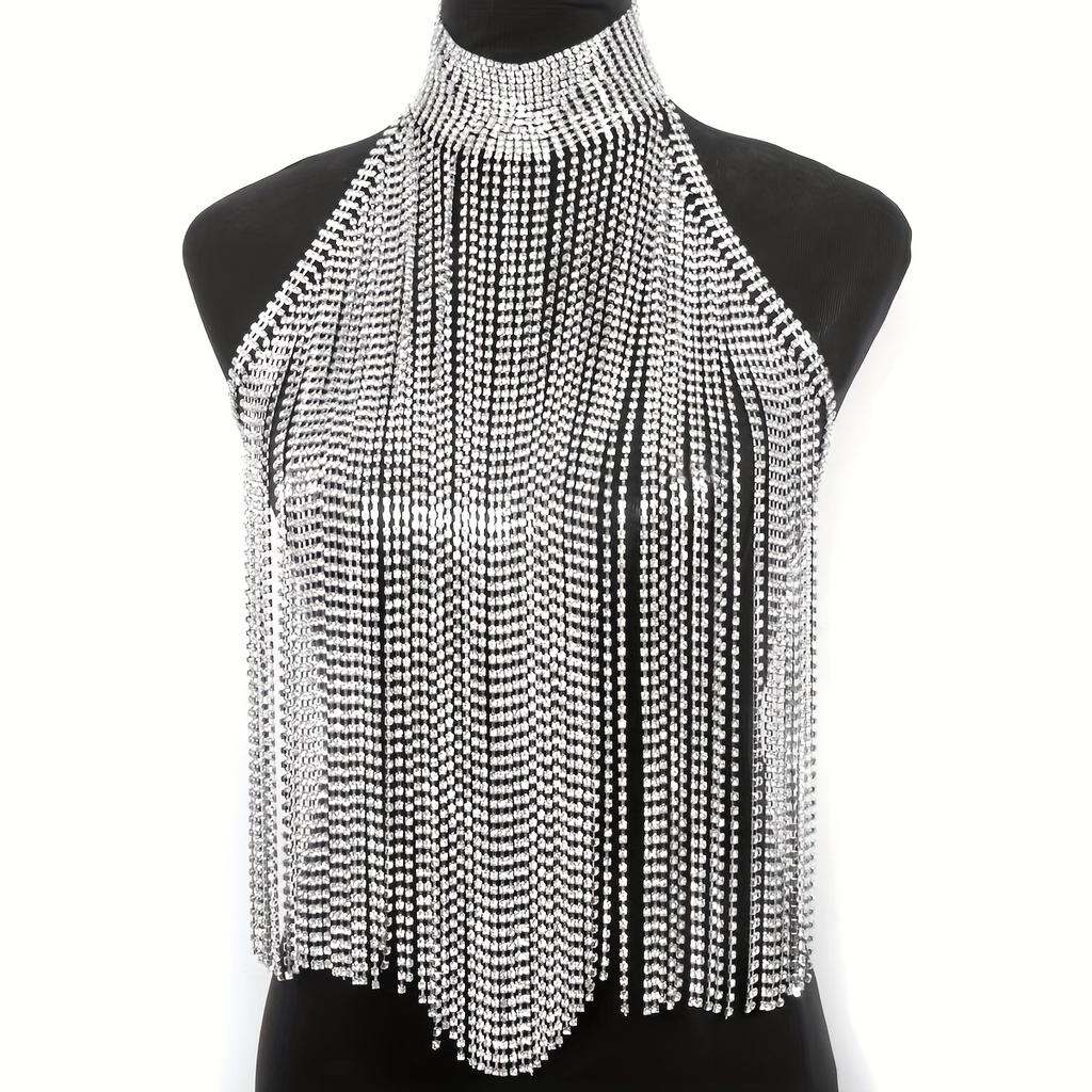 Shiny Rhinestone Tassel Pendant Crop Top Chest Chain Multi Layers Body Chain Dress Accessories
