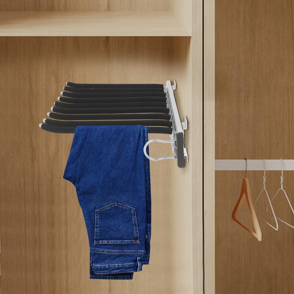 9-Rod Pull-Out Pants Rack – Heavy Duty Slide-Out Trouser Organizer with Silent Rails & Anti-Slip Flocking – Black/Silver