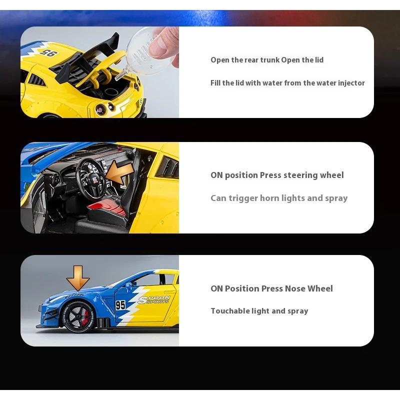 1/24 Nissan GTR R35 Spray Supercar Модель легкосплавного автомобиля Звук и свет Детская игрушка Коллекционные предметы Подарок на день рождения