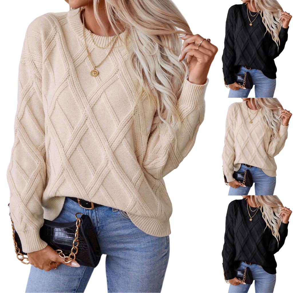 Women's Fashion Casual Loose Long Sleeve Round Neck Diamond Pullover Sweater