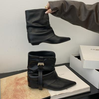 Ботинки-трубы на толстом каблуке в стиле пустоши, женские остроносые ботинки из Синьцзяна, новинка осени 2025 года, черные ботинки рыцаря средней высоты