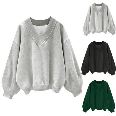 Женские толстовки с V-образным вырезом, длинным рукавом, свободные однотонные футболки, повседневные свободные спортивные свитера для тренировок